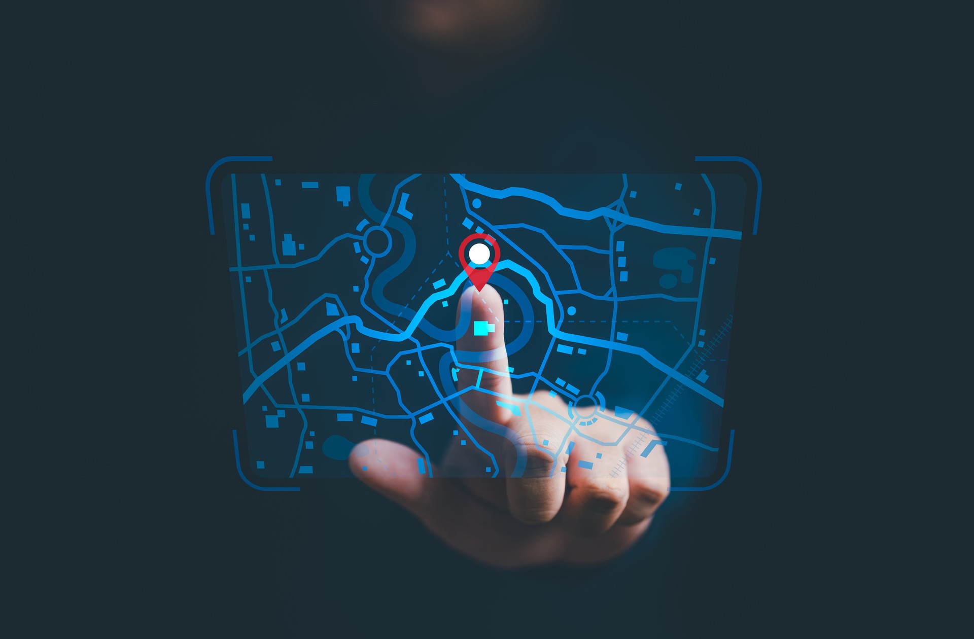 Businessman finger pin for location points and search addresses on the world map application. Marking destination for travel or finding business places in GPS Satellite coordinates system online web.